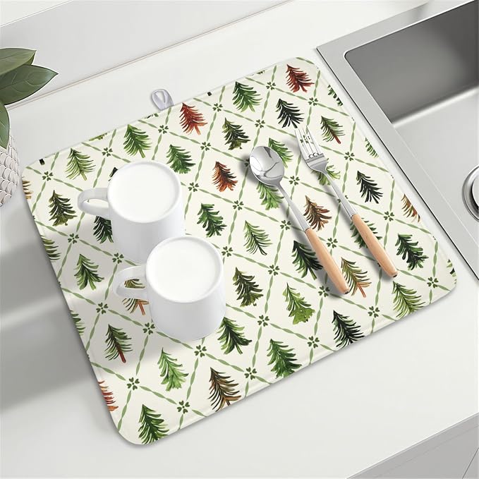 Christmas Dish Drying Mat for Kitchen Counter Xmas Theme Green Trees Dish Drainer Mat Rustic Farmhouse Winter Holiday Absorbent Washable Drying Pad 16"x18"