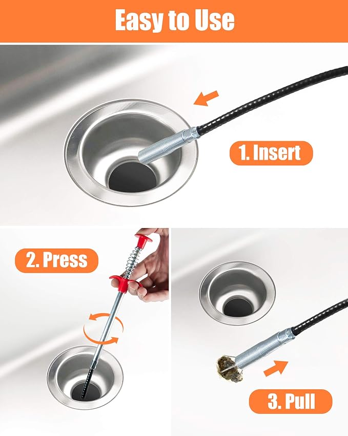 Hair Drain Clog Remover Tool – 6 × 25-Inch Sink Snake + 1 × 24-Inch Drain Cleaner Tool, Plumbing Snake for Shower, Toilet, Kitchen Sink & Tub – 7-Piece Hair Removal Tool Set