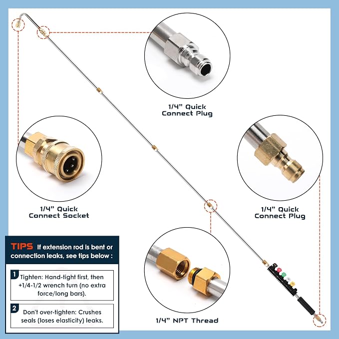SEPLY Pressure Washer Extension Wand Upgrade, 9 Pack Power Washer Lance with 6 Nozzle Tips, 30°,90°,120° Curved Rod, 1/4" Quick Connect, 4000 PSI