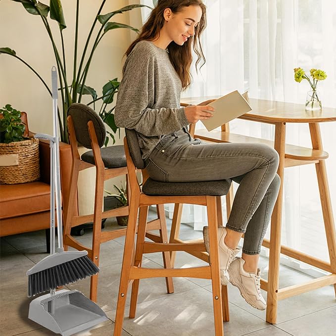 Broom and Dustpan Set for Home Indoor 180 Rotatable Broom with Dustpan Combo Set for Office Home Kitchen Lobby Floor Cleaning Broom Dustpan for Indoor & Outdoor Sweeping (Gray)