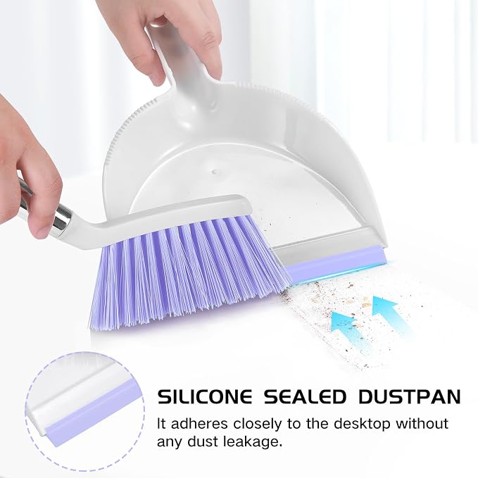 NACENA Mini Broom and Dustpan Set 2 Packs, Small Dust Pan and Brush Set with Handle Dustpan Teeth for Cleaning Hair Suitable for Office Desks Drawers Sofas Outdoor Camping, Light & Purple