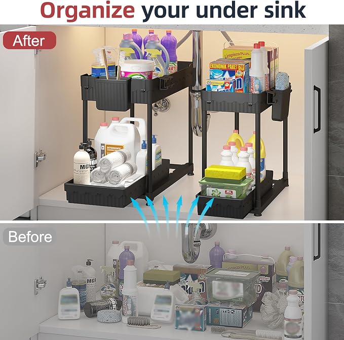 Sevenblue 4-Pack 2-Tier Under Sink Organizer with Pull Out Drawers | Multi-use kitchen & bathroom storage. Includes hanging hooks and cups. Black, space-saving cabinet design. 14.8 Inch