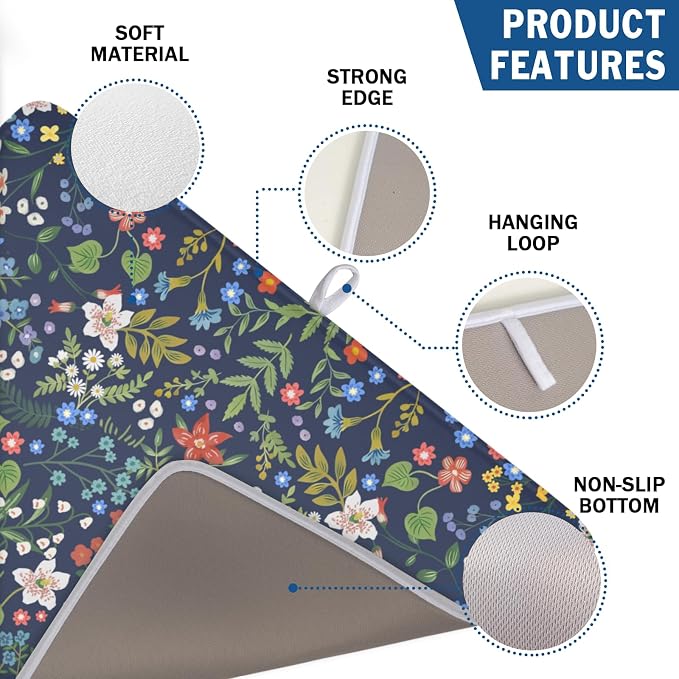 Flower Floral Dish Drying Mat 18x24 inch Microfiber Navy Blue Drying Mats with Hanging Loop Absorbent Green Leaves Dish Drainer Mat Reversible Flowers Drying Pad for Kitchen Counter Sink