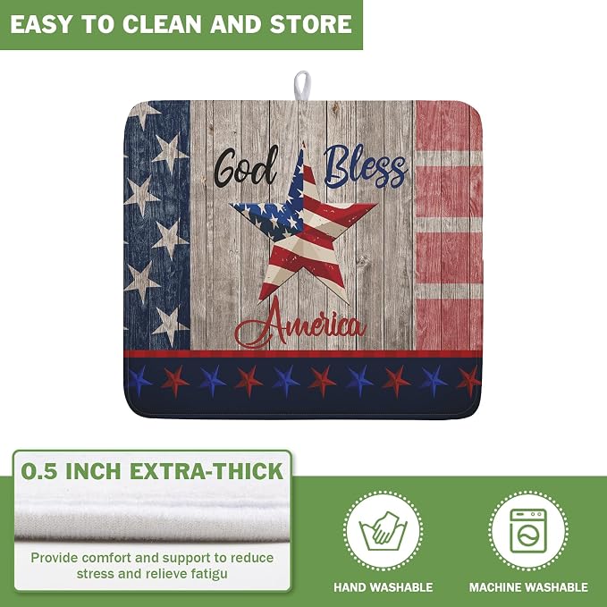 Kawani 4th of July Dish Drying Mat 16x18 Inch Patriotic God Bless America Memorial Kitchen Mats Independence Day Absorbent Dishes Pad for Kitchen Counter USA Star Drying Mat Home Decor for Countertop