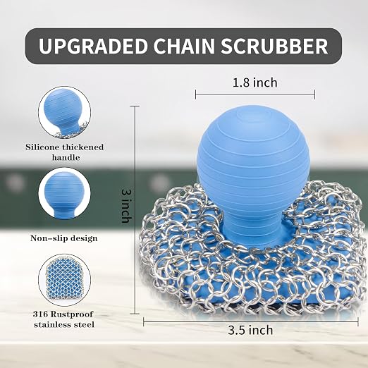 Cast Iron Scrubber with Pan Scraper, 316 Chainmail Scrubber, Upgraded Chain Mail Scrubber Sponge, Cast Iron Cleaner for Grill Pan Skillet Wok Carbon Steel, Dutch Oven Metal Brush Cleaning Kit, Blue