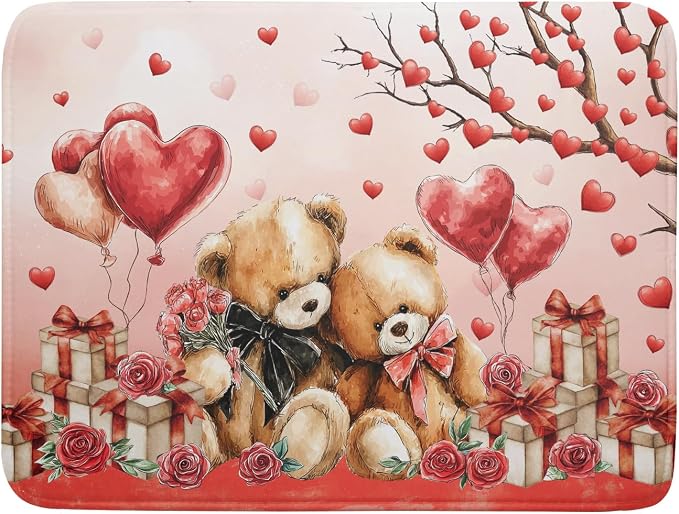 Holiday Microfiber Dish Drying Mat 18 X 24 in Valentines Day Bear Red Decorative Kitchen Countertop Mats