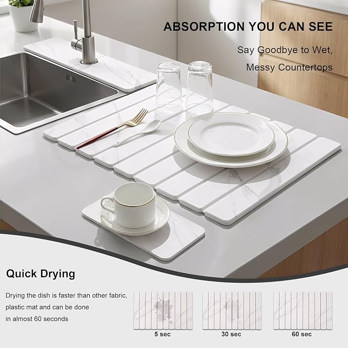 3 PCS Large Stone Dish Drying Mat for Kitchen Counter, Quick Dry Stone Dishes Mats, Sink Faucet Mat, Marble Water Absorbing Diatomaceous Earth Drying Pad for Countertop Tableware, Bottles