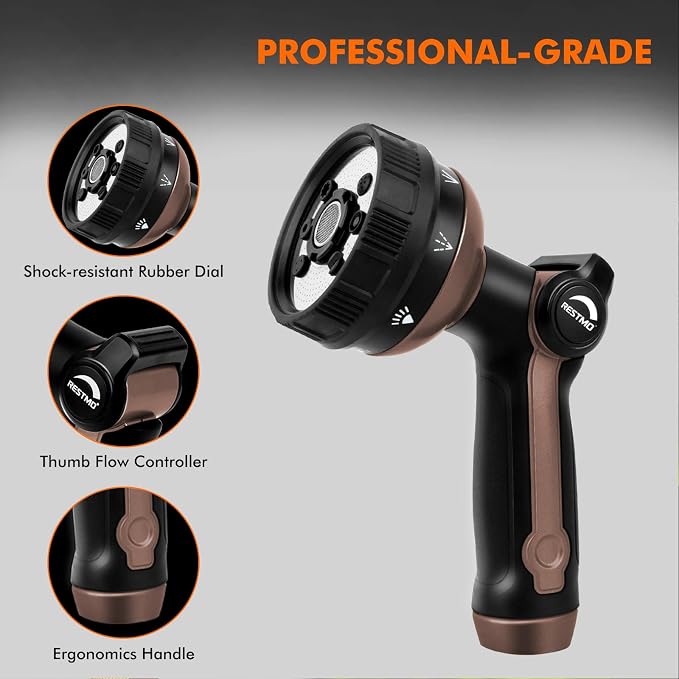 RESTMO Garden Hose Nozzle Heavy Duty, Metal Sprayer Nozzle Thumb Control | 8 Spray Patterns Full Shower Water Hose nozzle for Garden Hose, Ideal for Lawn & Plant Watering, Car & Pet Washing, Brown