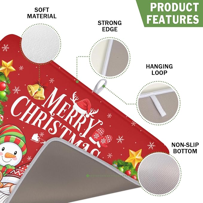 Merry Christmas Dish Drying Mat for Kitchen Counter 16x18 Inch | Xmas Theme Snowman Santa Claus Trees Pattern Dish Drainer Mat Rustic Holiday Absorbent Washable Drying Pad