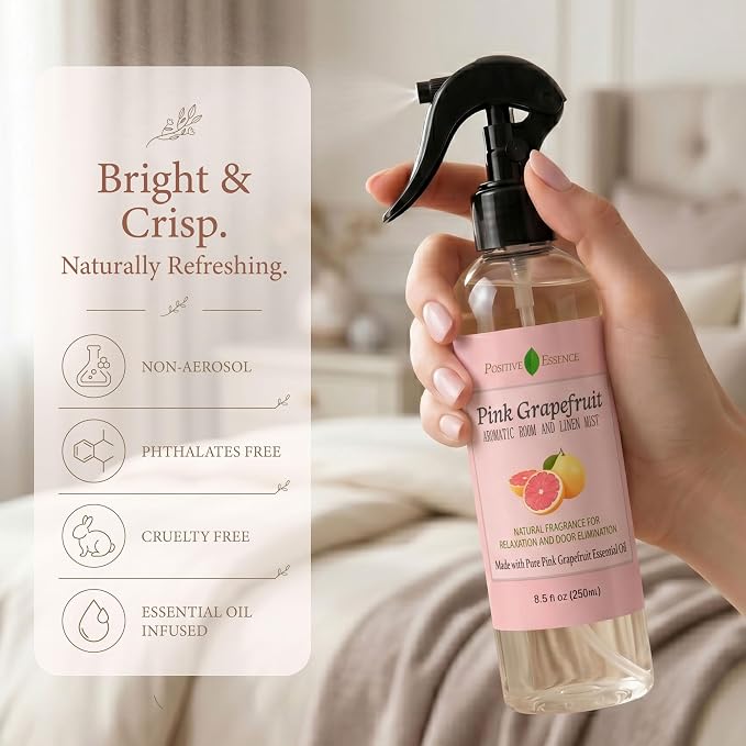 Pink Grapefruit Linen and Room Spray, Citrus Home Fragrance, 8.5 fl oz | Bright citrus aroma, juicy sweet and lightly tart notes, suitable for fabrics and bathrooms, small-batch made in Thailand