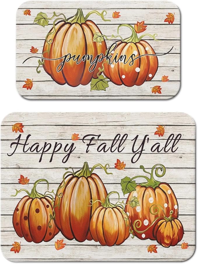 Fall Dish Drying Mat 2-Pack Happy Fall Y'all for Kitchen Counter Dishes | Diatom Mud Mats (18x24, 19.5x12"). Non-slip rubber back for kitchen counter, coffee bar & sink scenes