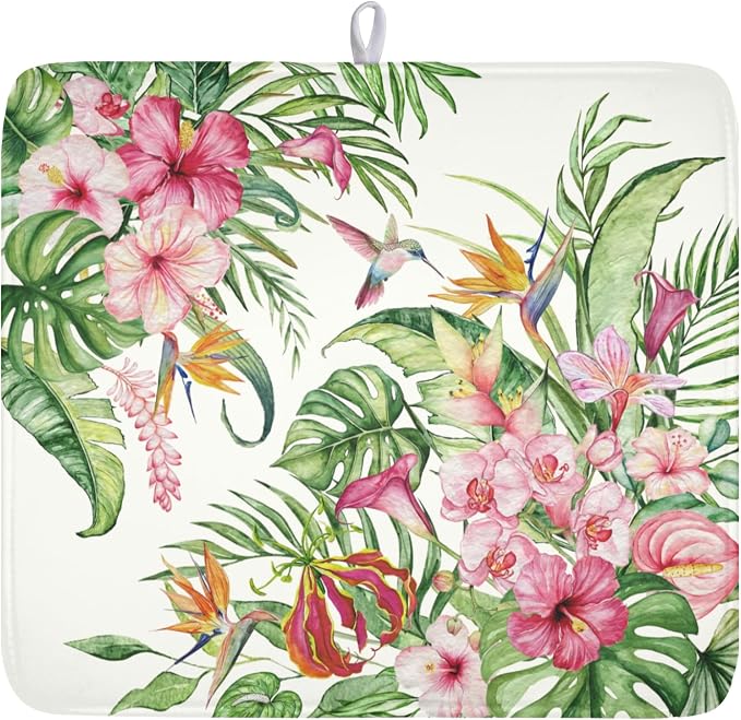Floral Hibiscus Dish Drying Mat for Kitchen Counter 16x18 Inch | Floral，Polyester，Absorbent Microfiber，for Coffee Dining Bar Decor