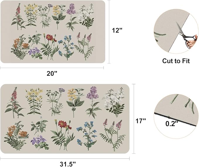 LOKHOM Dish Drying Mat for Kitchen Counter, 17"x32" Absorbent Coffee Bar Mat with Vintage Sage Flower Herbs, Dish Drainer Rack Mats for Kitchen Counter Coffee Maker Pot Dining Room Decoration