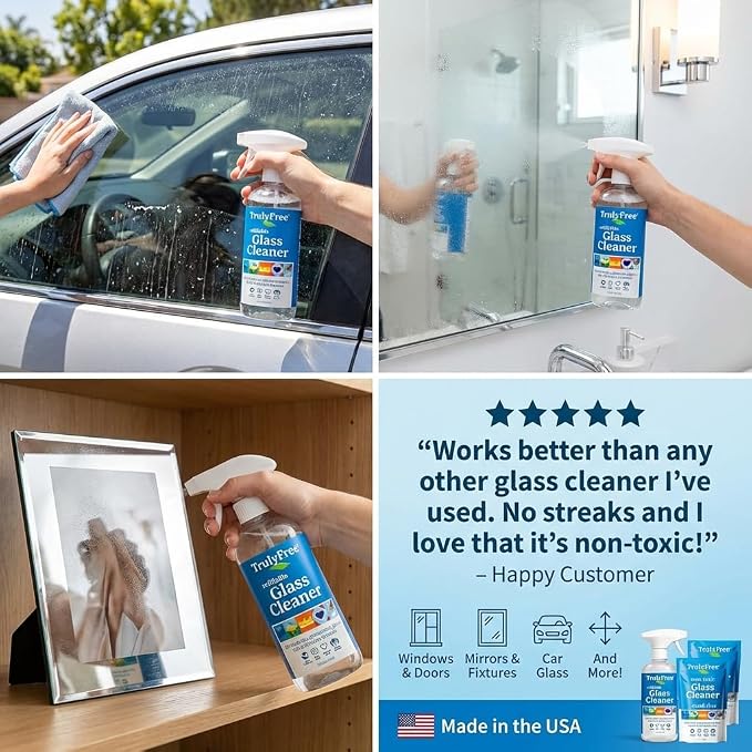Truly Free Natural Glass Cleaner Kit - Removes Dirt & Debris for Sparkling Clean Windows & Glass Surfaces at Home, Office & Garage, Includes 16 oz Reusable Empty Bottle + Two Fills, 3 oz ea.