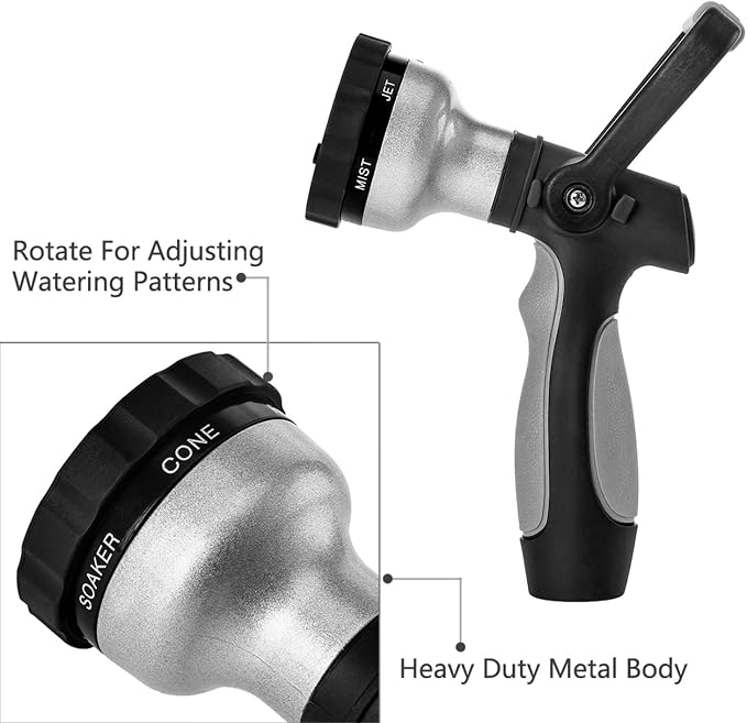 GREEN MOUNT New Patent Garden Hose Nozzle, Heavy Duty Water Nozzle, High Pressure Fireman Style Nozzle with Ergonomic Handle to Water Lawn and Garden, Black