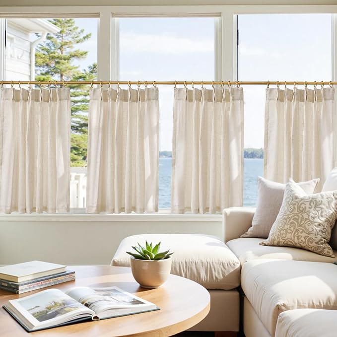 jinchan Pinch Pleated Linen Back Tab Tier Curtains,26x36,4 Panels,Natural | Light filtering,rod pocket,small window treatment,cafe curtains,machine washable,farmhouse,kitchen,bathrooms,laundry