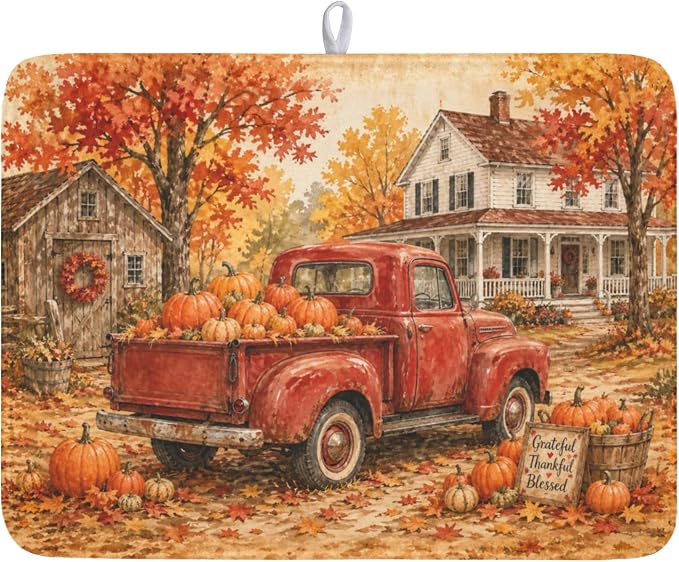 Fall Pumpkin Dish Drying Mat for Kitchen Counter Thanksgiving Autumn Harvest Pattern Microfiber Dish Drainer Mat Vintage Rustic Farmhouse Absorbent Washable Drying Pad 18"x24"