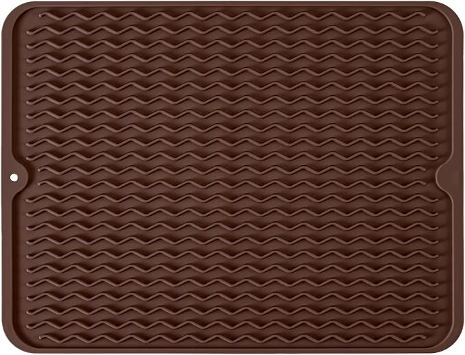 Large 17" x 14" Silicone Dish Drying Mat for Kitchen Counter, Easy clean, Quick Dry, Heat-resistant Dish Drainer Mat for Sink,Refrigerator or Drawer liner (Food Grade Silicone-Coffee)