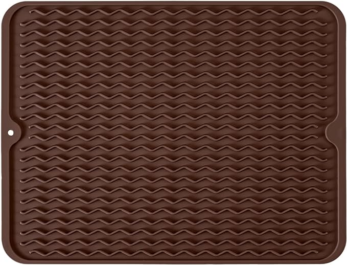 Silicone Dish Drying Mat, Non-Slip Easy Clean Sink Mat Large Heat-resistant Dish Drainer Mat for Kitchen Counter, Sink, Refrigerator or Drawer liner (16" x 12", COFFEE)