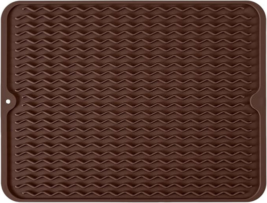 Silicone Dish Drying Mat, Non-Slip Easy Clean Sink Mat Large Heat-resistant Dish Drainer Mat for Kitchen Counter, Sink, Refrigerator or Drawer liner (18" x 16", COFFEE)