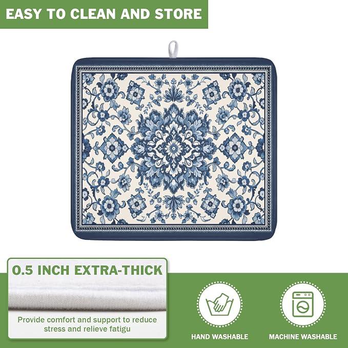 Blue Floral Dish Drying Mat for Kitchen Counter Vintage Flower Pattern Microfiber Dish Drainer Mat Rustic Farmhouse Absorbent Washable Drying Pad Extra Large 16"x18"