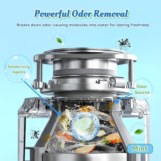 Garbage Disposal Cleaner Deodorizer Tablets-48 Pack Deep Cleaning Disposer Descaler Freshener-Heavy Duty Grease Grime Limescale Odor Smell Remover-for Kitchen All Disposals Mint Foaming 2 Year Supply