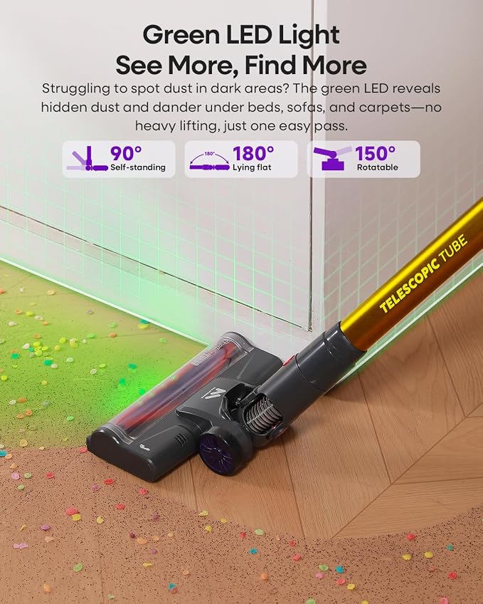 AlloyMove Cordless Vacuum Cleaner 45KPA, Up to 60mins Runtime Lightweight Powerful Suction Vacuum Cleaners for Home, 3 Suction Modes, Rechargeable Stick Vacuum for All Floor/Carpet/Pet Hair/Car, A03
