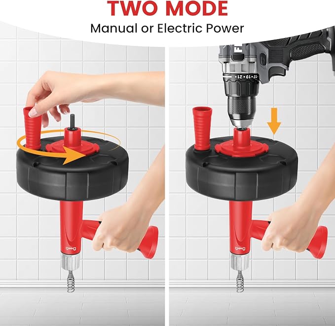 XJX Drain Auger, Plumbing Snake with Drill Adapter, 25FT Flexible Steel Drain Clog Remover, Manual or Powered for Kitchen, Bathroom & Shower Sink, with Gloves and Storage Bag Red