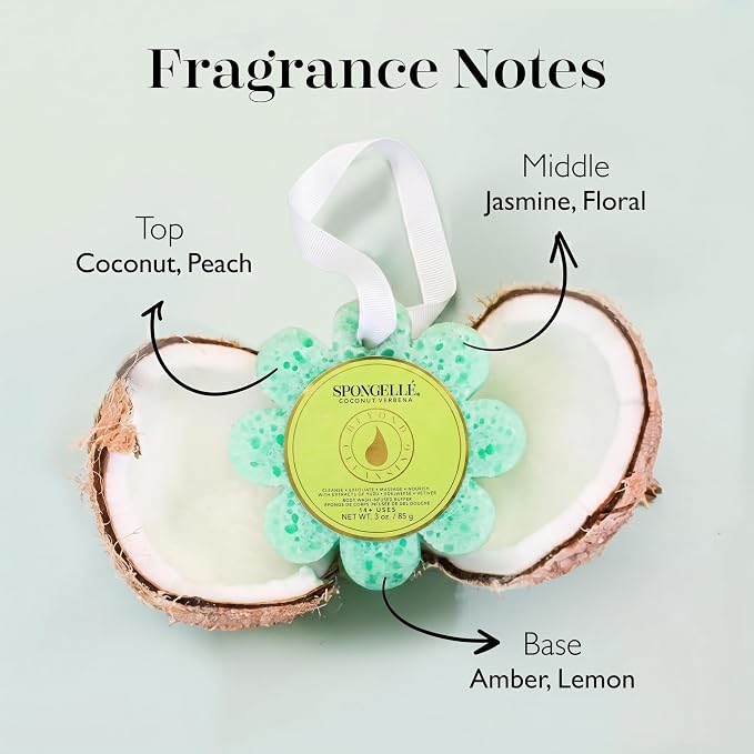 Spongellé Coconut Verbena Wild Flower Bath Sponge | Built-in Body Wash & Body Scrubber, Shower Loofah Sponge for Women | 14+ uses