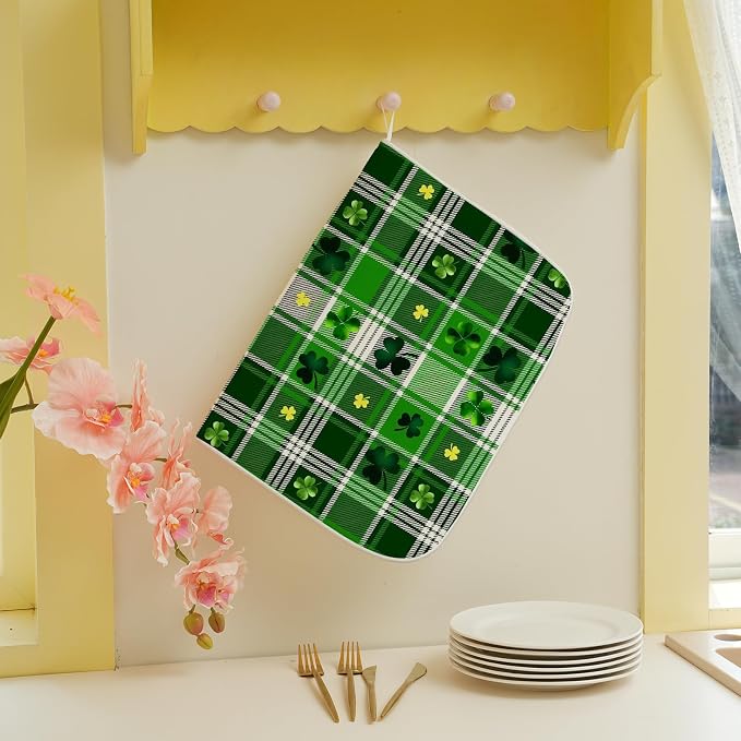 St. Patrick's Day Dish Drying Mat 18 x 24 Inch Green Buffalo Plaid Shamrock Drying Mat for Kitchen Counter Absorbent Spring Gold Green Clover Dishes Dry Pad for Drainer Rack Kitchen Fast Dry