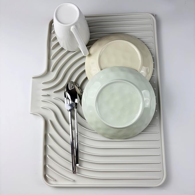 Dish Drying Mat for Kitchen Counter, with Built-in Drain Lip, Food-Grade Silicone, Easy Clean Pad for Countertop Protection, Multi-Functional Use (18x11.8, Cassava White)