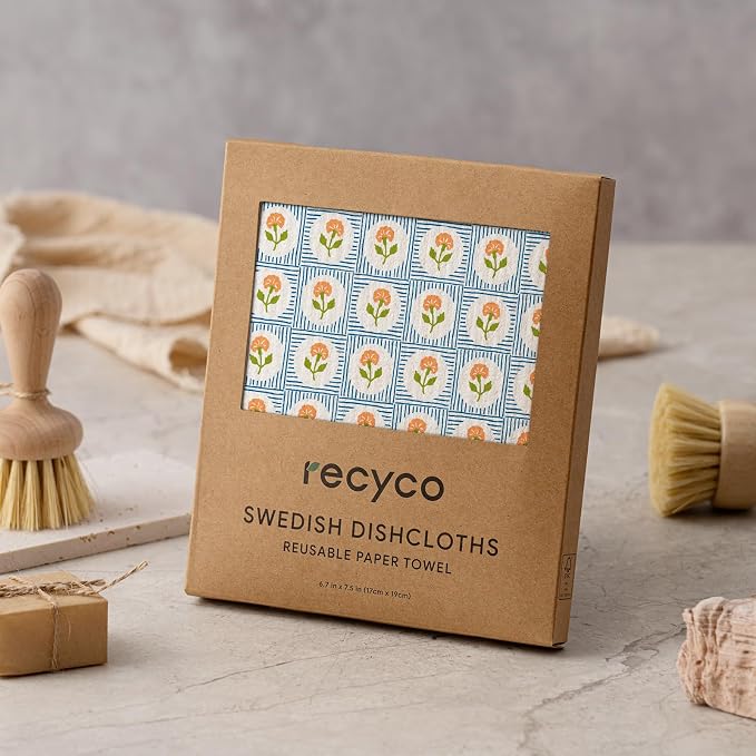 RECYCO Swedish Dishcloths for Kitchen | 6 Packs Bloom Tiles Washable Dish Rags | Cellulose Reusable Cleaning Paper Towels | Absorbent Counter Dish Cloth Sponge Kitchen Wipes, 8" L x 7" W