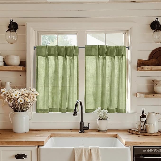 jinchan Linen Pinch Pleated Back Tab Tier Curtains, 26x36, 2 Panels, Green | Light filtering,small window treatment,cafe curtains,machine washable,farmhouse,kitchen,bathrooms,laundry