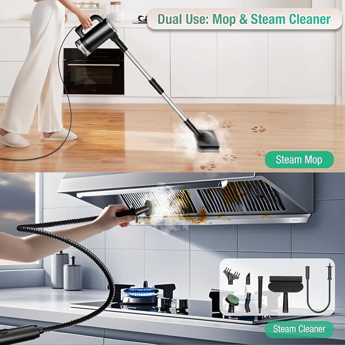 11-in-1 Steam Mop, Detachable Handheld Steam Cleaner with 3-Level Steam | 260℉ Steam Cleaner with 380mL Tank & 3 Steam Levels for Floors, Hardwood, Tile, Grout, Windows, Bathroom & Kitchen