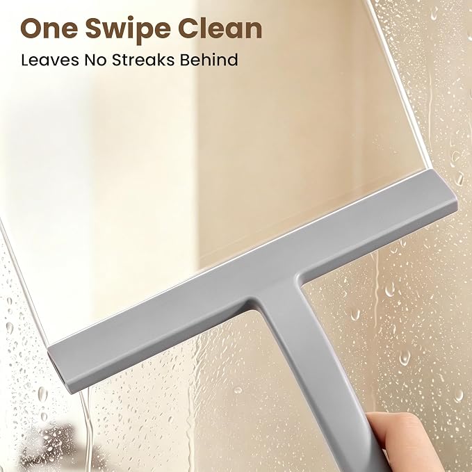 10 Inch Silicone Shower Squeegee for Glass Doors, Streak-Free, Grey | No-Squeak Silicone Blade, Ergonomic Round Grip and Built-In Hook for Quick Daily Cleaning of Shower Glass, Tile and Windows