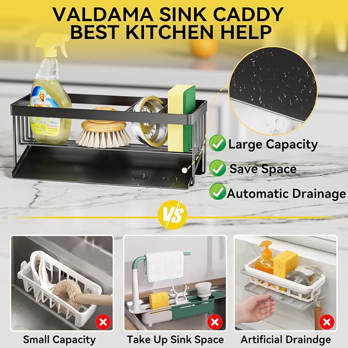 Kitchen Sink Caddy Organzier with Sponge Holder and Removable Drip Tray for Kitchen Sink, 304 Stainless Steel Organize for Sponge Soap Dish Brush Storage Accessories(Black)