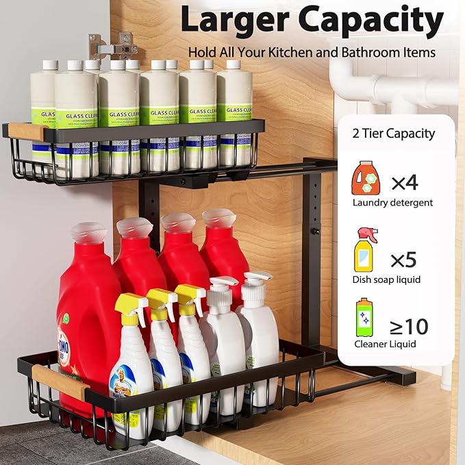 Liuoud Under Sink Organizer 2 Pack, 2 Tier Slide Out Large Capacity Height Adjustable Under Sink Organizers and Storage for Kitchen Bathroom Cabinet, Black