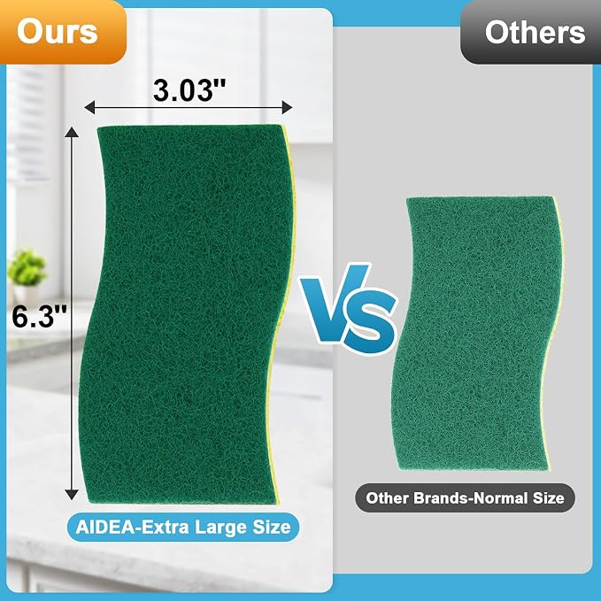 AIDEA XL Scrub Sponges Kitchen 6Count, Heavy Duty Sponges for Dishes | Extra Large Sponges for Kitchen, Cleaning Sponge Safe for Non-Coated Cookware, Cleaning Power for Bathroom, Household