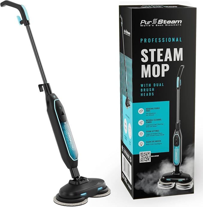 PurSteam ScrubMaster V2 Steam Mop with Dual Scrubbing Head and LED Lights | Dual Scrubbing Head | LED Headlights | Adjustable Steam Control | Anti-Slip Swivel Head | Cable Holder | Upright Lock