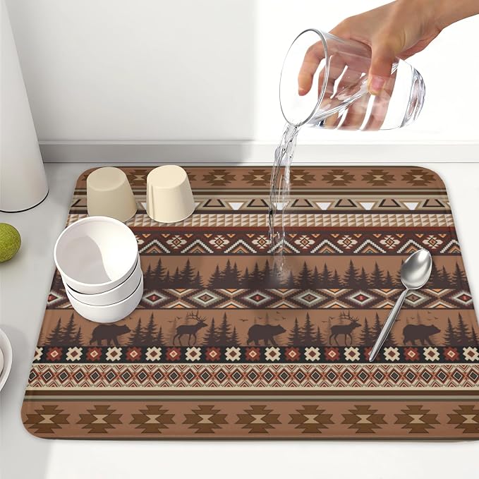Giwawa Rustic Bear Deer Dish Drying Mat Boho Ethnic Drainer Rack Pad 16x18 Inch Microfiber Absorbent Dish Sink Mat for Counter Kitchen Tableware