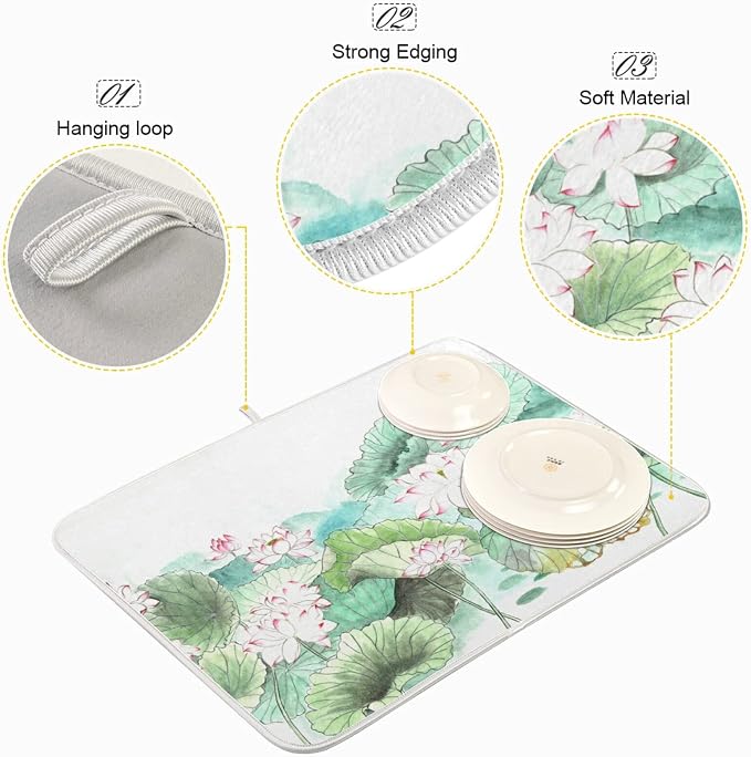 Absorbent Dish Drying Mat for Kitchen Counter - Lotus Watercolor Microfiber Drying Pad, Reversible Drainer Mats for Countertop, Small 16 x 18 inch