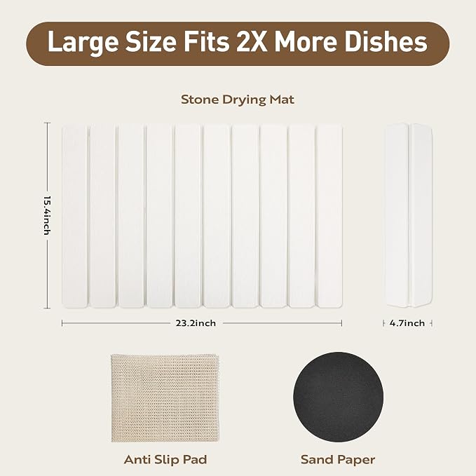 Large Stone Drying Mat for Kitchen Counter 24x16 Inch, Premium Diatomaceous Earth Super Absorbent | Quick Dry Non-Slip Collapsible Dish Mat for Dishes Utensils Cups | Eco-Friendly Counter Protector