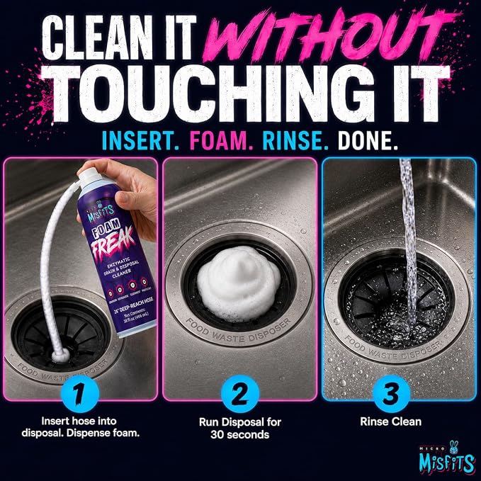 Foam Freak Foaming Garbage Disposal Cleaner & Deodorizer | Probiotic Enzymatic Formula | Lemon Scent | 24-Inch Hose | 1-Year Supply | Enzyme Drain Odor Eliminator for Kitchen Sink