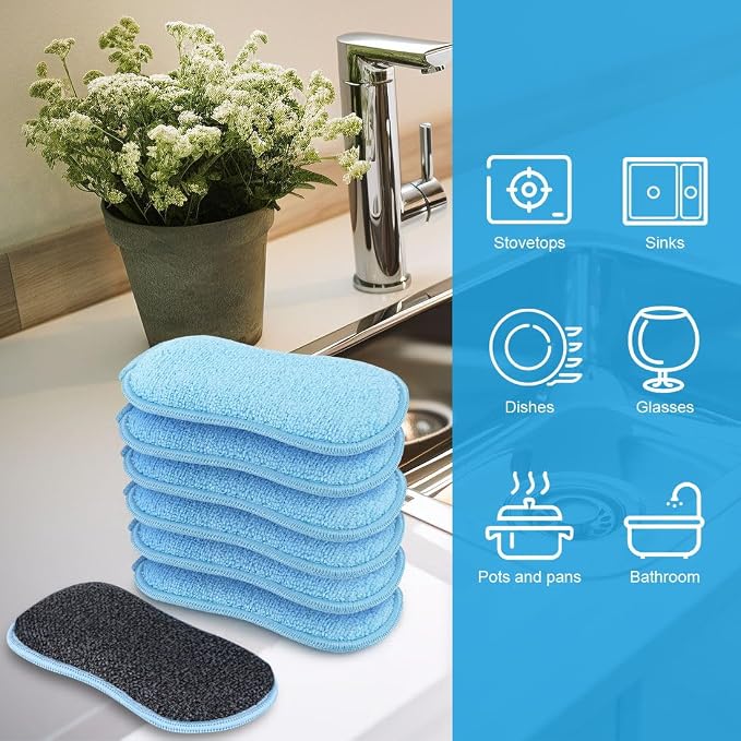 HOMEXCEL 12 Pack Multi-Purpose Scrub Sponges Kitchen, Dish Sponge, Non-Scratch Microfiber Sponge for Efficiently Cleaning Dishes, Pots, and Pans, Blue