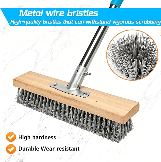 LINMAGOCO Stainless Steel Wire Scrub Brush with 63" Long Handle,12IN Outdoor Garden Broom, with a Wire Brush and a Soft Bristle Brush for Garden, Patio, Garage, Moss,Algae,Grime Remover