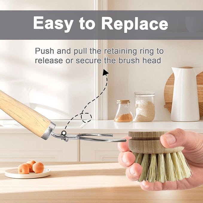 Wooden Dish Brush Set, 4 Natural Bristle Replacement Heads with 1 Sturdy Wooden Handle, Sisal Kitchen Scrub Brush for Pots, Pans, Vegetables and Cookware