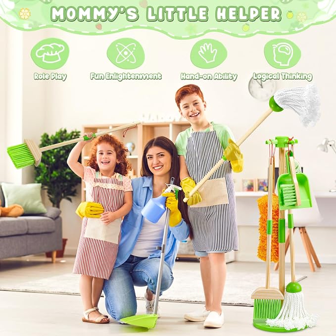 WHOHOLL Wooden Kids Cleaning Set Toddler Broom Set for Housekeeping 8 Pcs Broom and Mop Set for Toddlers 3-6, Cleaning Toys with Dustpan Sponge, Christmas Birthday Gifts for Boys Girls (Green)