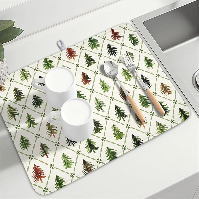 Christmas Dish Drying Mat for Kitchen Counter Xmas Theme Green Trees Dish Drainer Mat Rustic Farmhouse Winter Holiday Absorbent Washable Drying Pad 18"x24"
