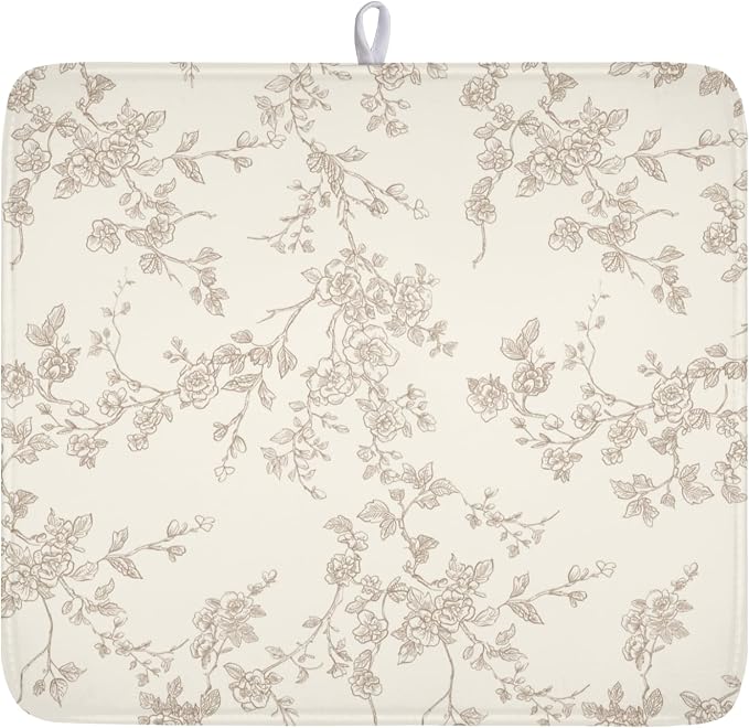 Brown and Cream Chinoiserie Floral Dish Drying Mat 16x18 Inch | Polyester，Absorbent Microfiber，for Kitchen Coffee Dining Bar Decor
