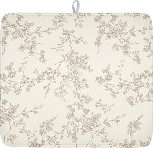 Brown and Cream Chinoiserie Floral Dish Drying Mat 16x18 Inch | Polyester，Absorbent Microfiber，for Kitchen Coffee Dining Bar Decor